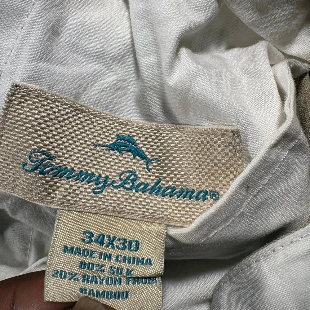 Tommy Bahama Pleated Chino Mens 34x30 Tan Silk Bamboo Cuffed Pants